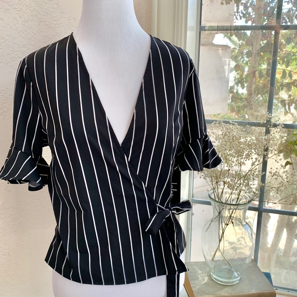 Lulus Black and White Striped Wrapped Bodice Top
